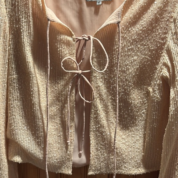 FILKK sequin toe front long sleeve feather trim top - Picture 3 of 7